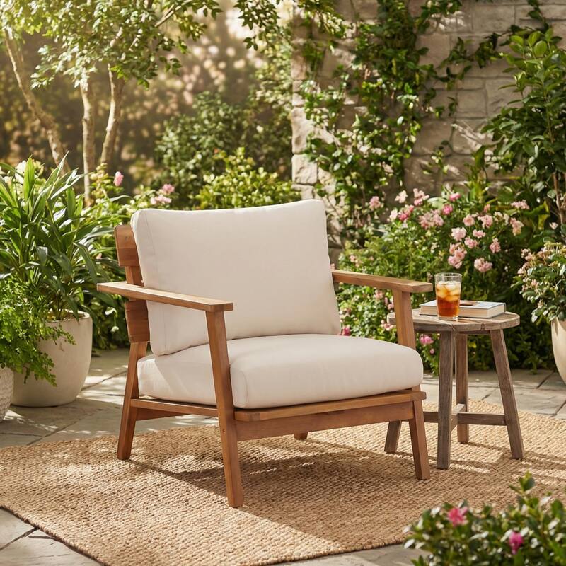 Christopher Knight Home - Mid-Century Modern Acacia Wood Outdoor Club Chair - Single - Teak+ Beige