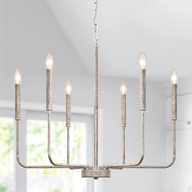 6-Light W26.18" x H66.92" Candle Chandelier for Living Room Kitchen Island - Vintage White+Black Dots