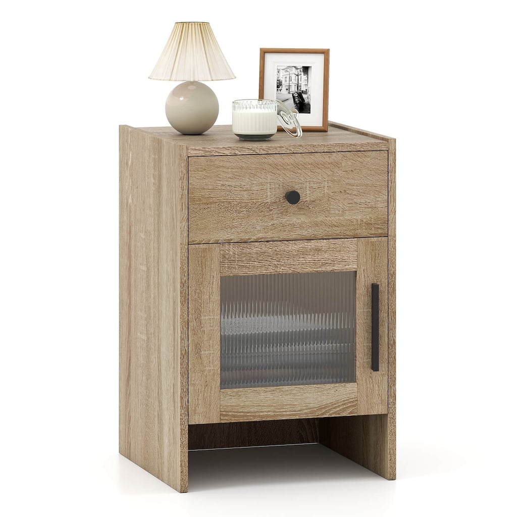 Costway 1/2 PCS Farmhouse Nightstand Fluted Bed Side Table with Large - Natural