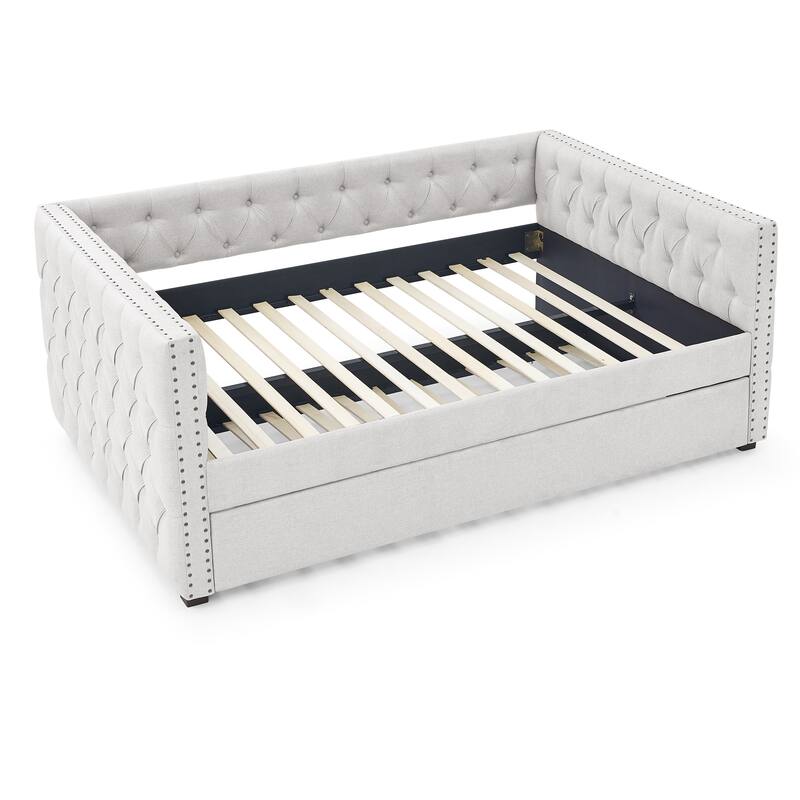 Tufted Daybed Upholstered Frame Sofa Bed with Button Copper Nail on Square Arms, and Pull-out Trundle Bed or Storage Drawers
