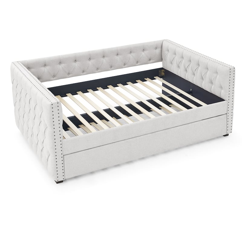 Upholstered Daybed with Copper Nails on Square Arms