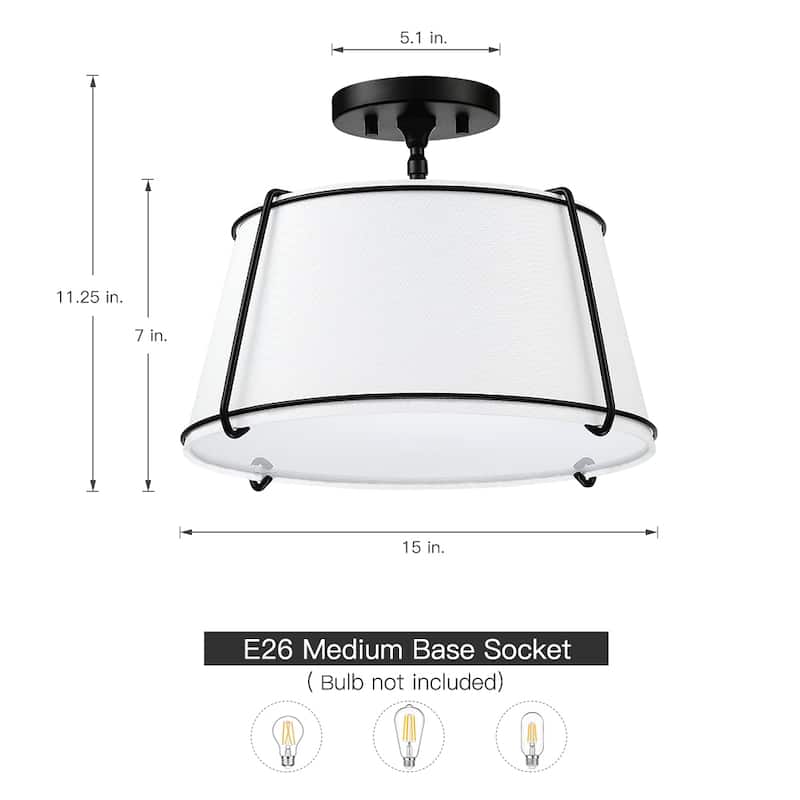 Martina 2-Light White Fabric Semi-Flush Mount- 15"W
