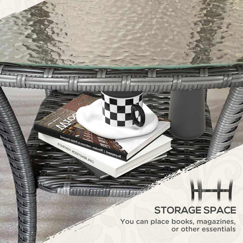 Outdoor Rattan Coffee Table with Storage Shelf, Wicker Side Table with Glass Top
