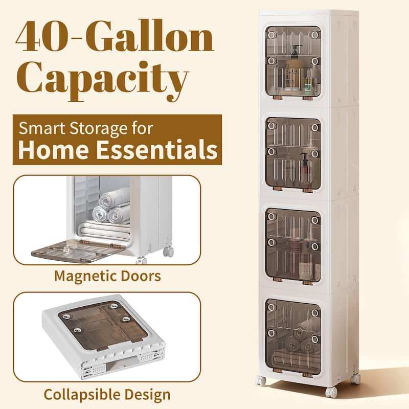 VECELO White 3-Tier & 4-Tier Narrow Storage Bins Foldable Stackable ABS Organizer Bins with Wheels for Bathroom Living Room