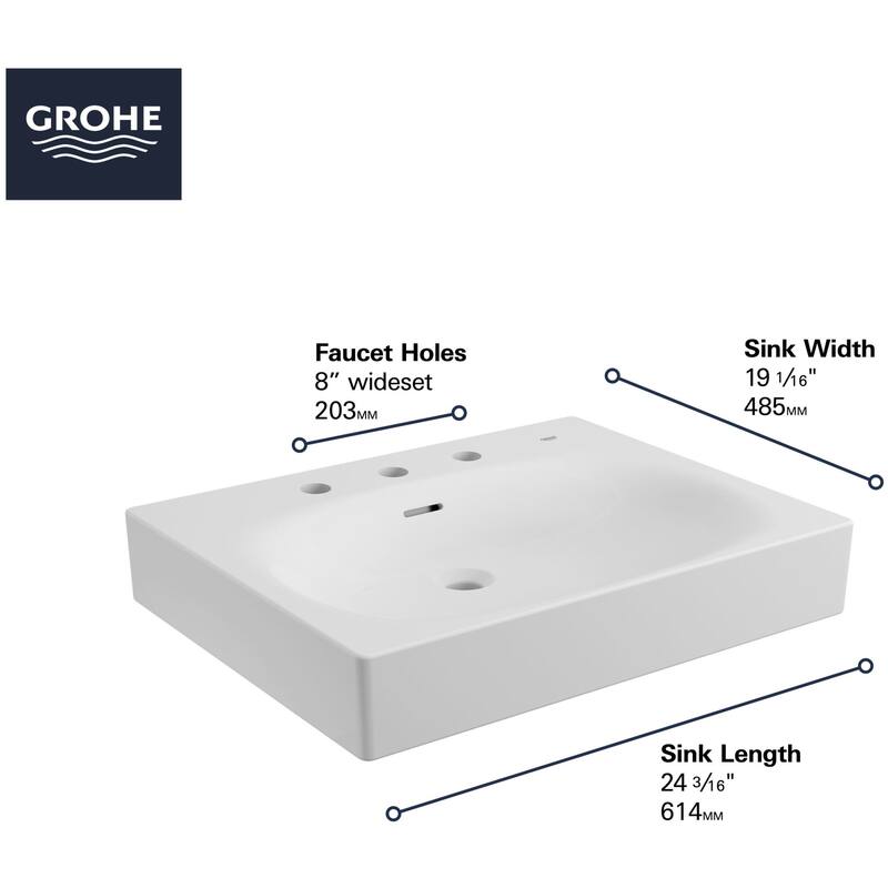 Grohe Eurocube Wall Mount 24" Bathroom Sink with 3 Faucet Holes
