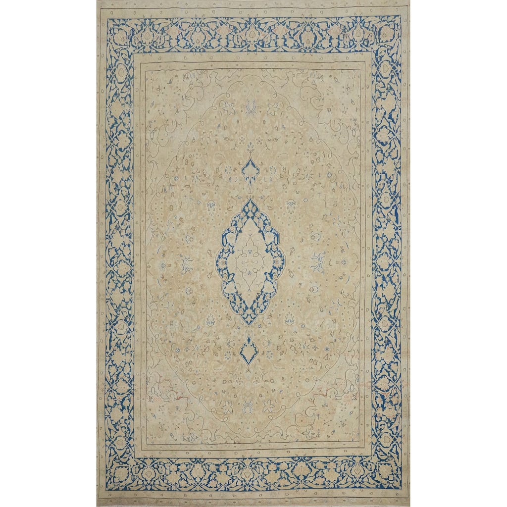 Hand Knotted Oriental 100% Wool Carpet Traditional Floral Beige & Ivories Kerman Area Rug - 13' 9'' X 9' 7''