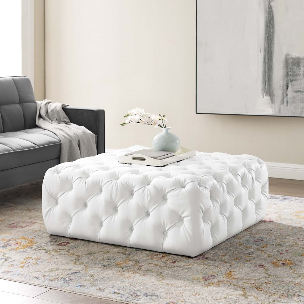 Modway Amour Tufted Vegan Leather Large Upholstered Ottoman in White