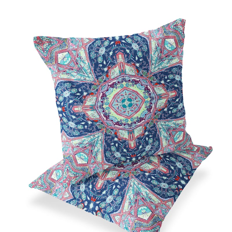 HomeRoots Set of Two 16" X 16" Blue and Pink Blown Seam Floral Indoor Outdoor Throw Pillow - 16.00' X '16.00' X '5.00