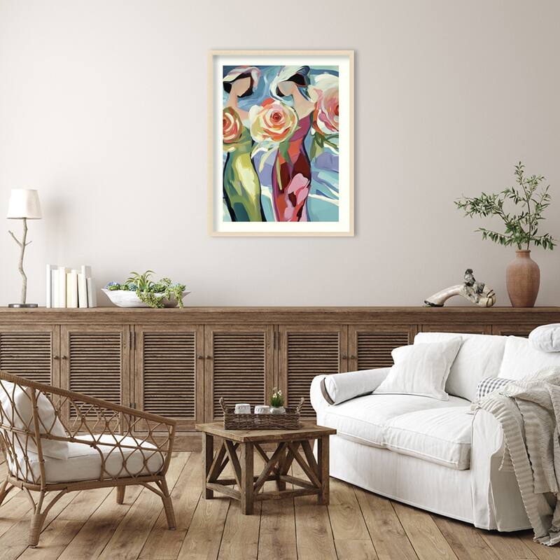 Two Women With Roses by Elena Avanesova Wood Framed Wall Art Print