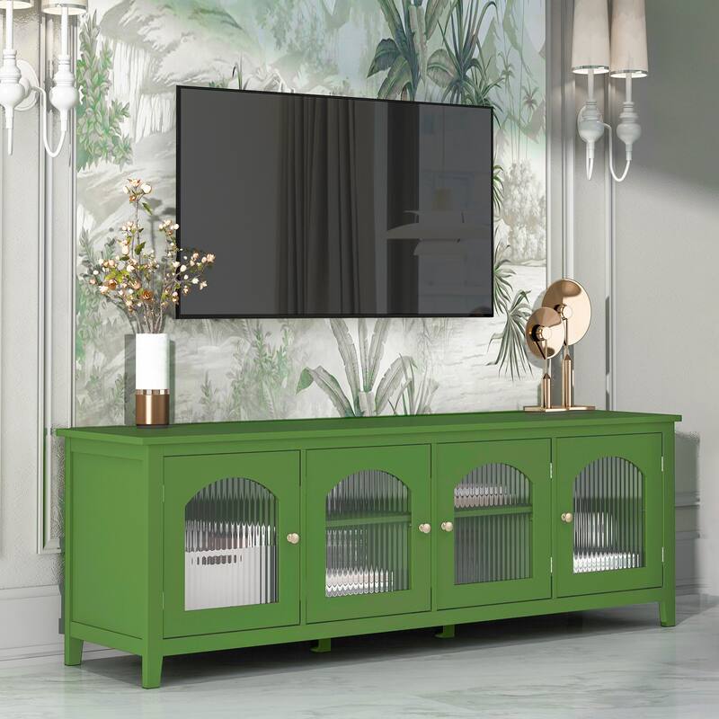 Modern Stylish TV Stand, Entertainment Center TV Stand with Solid Wood Frame and Rainbow Glass Door, for Living Room