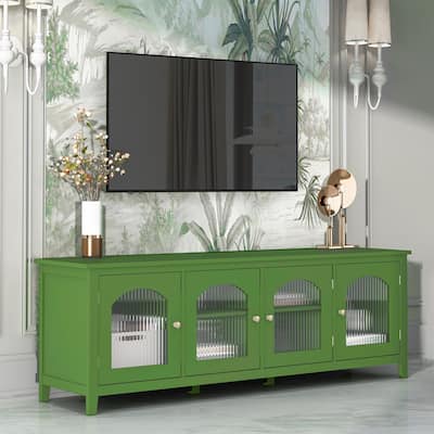 TV Stand with 4 Glass Doors, Console Table with Metal Handle and Solid Wood Frame, Entertainment Center with Shelves