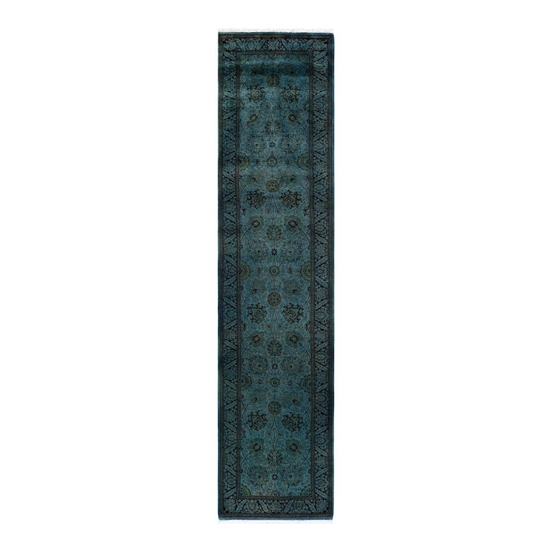 Overton Hand Knotted Wool Vintage Inspired Modern Contemporary Overdyed Blue Runner Rug - 2' 7" x 11' 0"