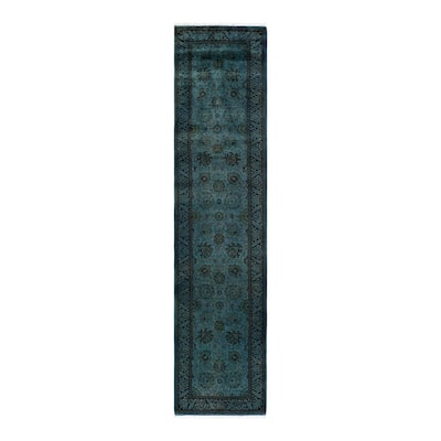 Overton Hand Knotted Wool Vintage Inspired Modern Contemporary Overdyed Blue Runner Rug - 2' 7" x 11' 0"