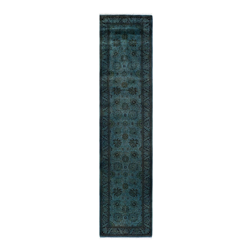 Overton Hand Knotted Wool Vintage Inspired Modern Contemporary Overdyed Blue Runner Rug - 2' 7" x 11' 0"