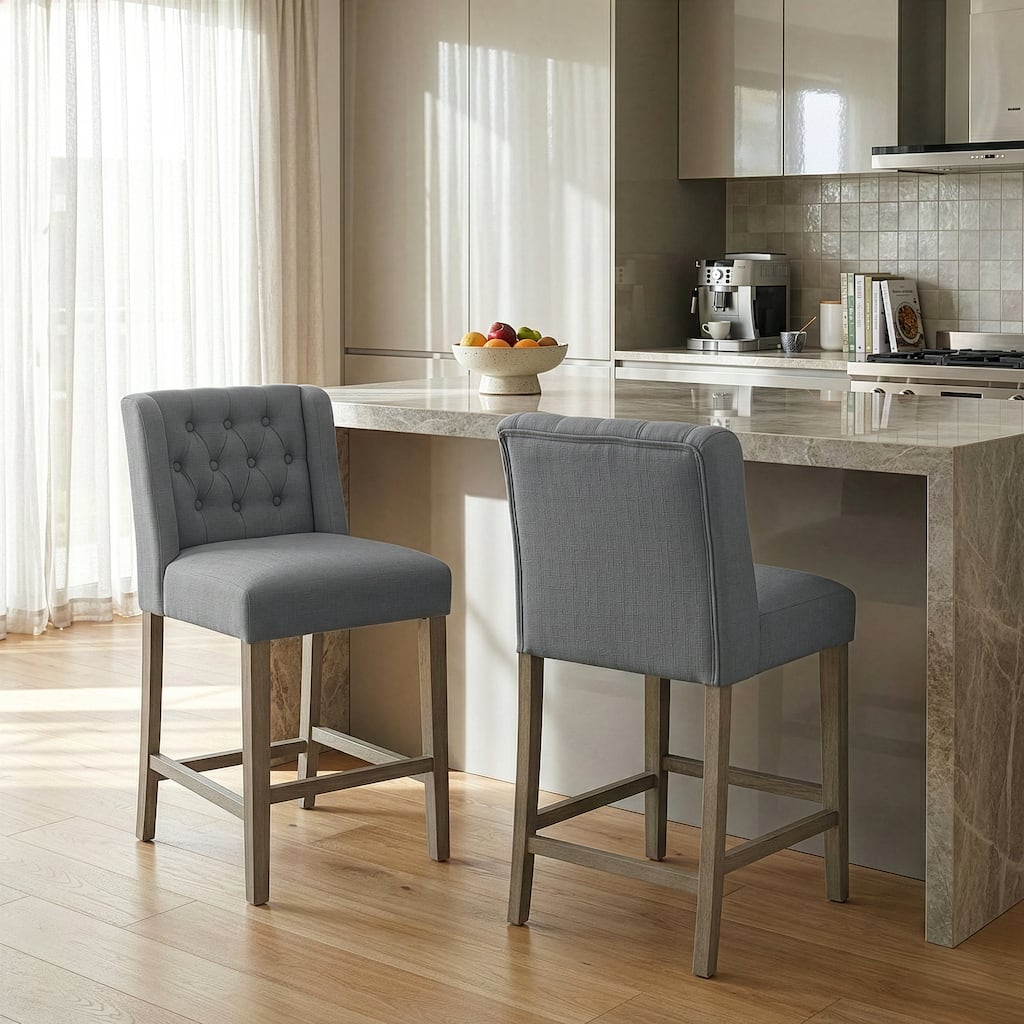 Set of 2 Aled Grey Fabric Counter Stool with Wings and Tufted Buttons