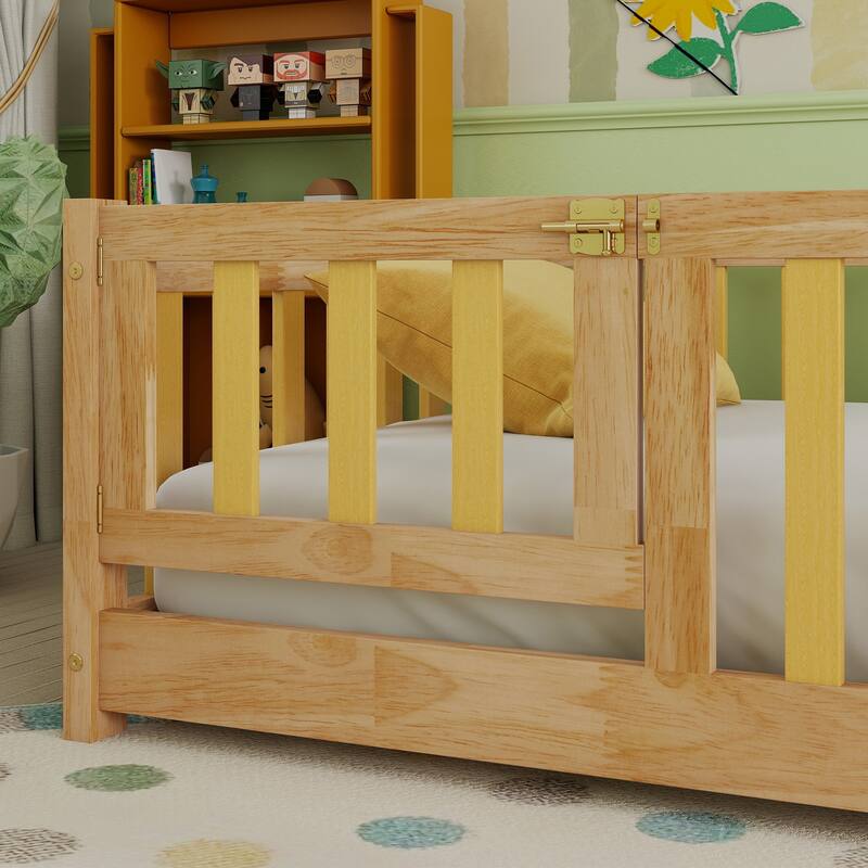 Twin Size Floor Bed with Fence and Door, Rubber Wood Floor Bed with Safety Guardrails