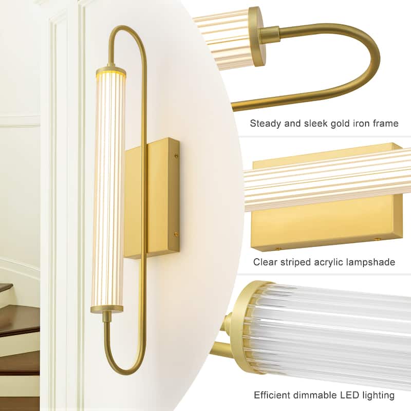 Modern Gold LED Wall Sconce with Cylinder Acrylic Shade Bathroom - W-23.85 in.