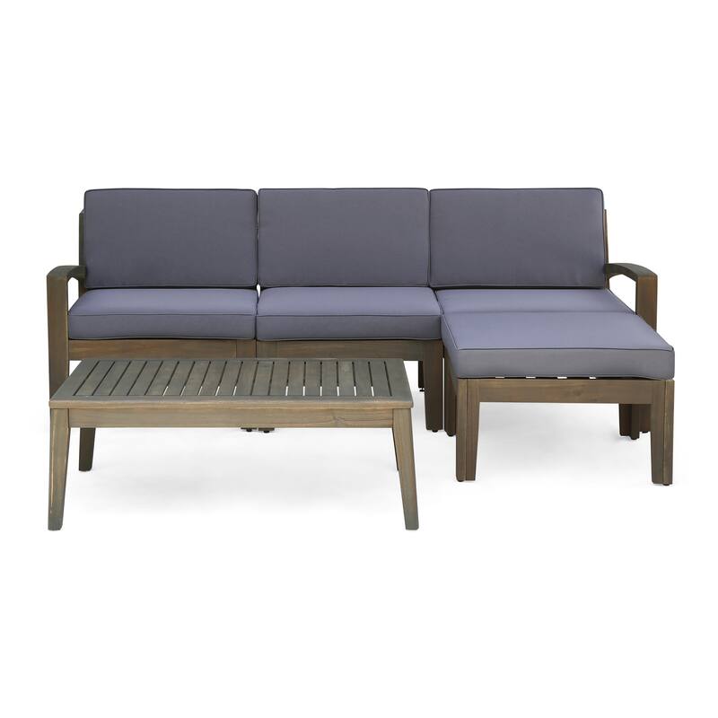 78" Outdoor Patio L-Shaped Acacia Wood Sectional Sofa Set with Coffee Table and Ottoman