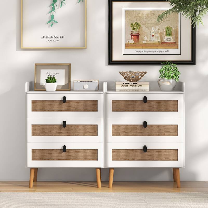 Gymax 2PCS Modern Nightstand End Bedside Table w/ 3 Rattan Drawers &