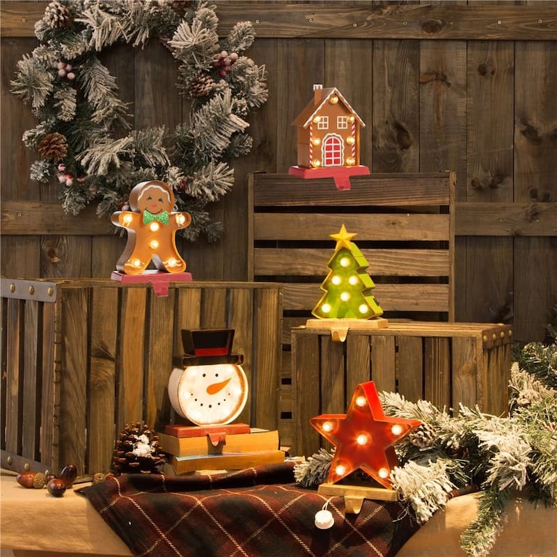 Glitzhome Christmas Marquee LED Star Snowman Tree Gingerbread Stocking Holders Mantel Ornament