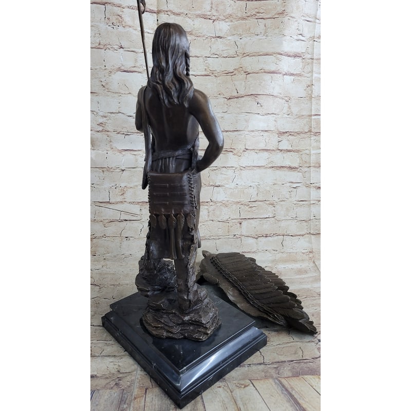 Native American Indian Warrior In Bear Skin Headdress Bronze Statue Sculpture Figure 22 Inches X X11 Inches