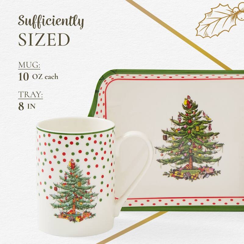 Pimpernel Christmas Tree Polka Dot Mug and Tray Set - 8" L x 5" W