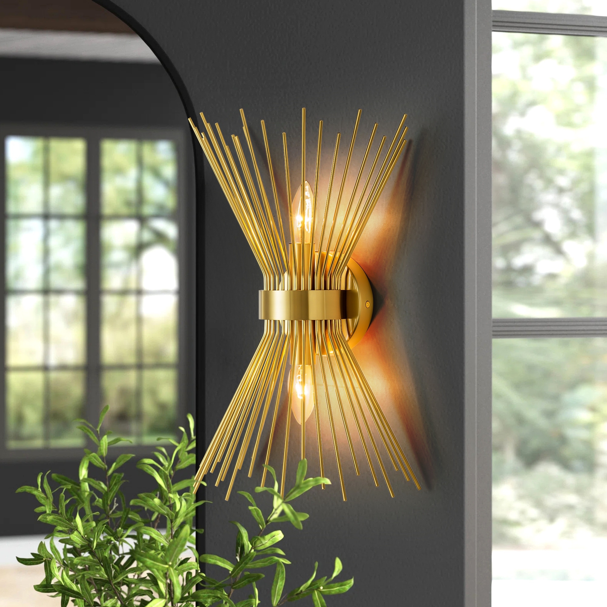 2 Light Modern Gold Linear Sputnik Wall Light Sunburst Starburst Up Down Bathroom Vanity Light