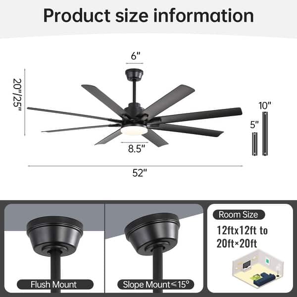 dimension image slide 5 of 18, Sofucor 52/66/72/76/84Inch Large Ceiling Fan with Dimmable LED Light ,Remote&APP Control,8 Blades for Large Living Room,Porch
