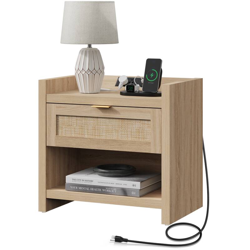 Farmhouse Nightstand with Charging Station and Drawers