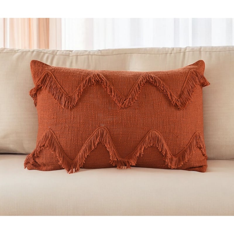 HomeRoots 14" X 20" Cinnamon Chevron Cotton Lumbar Throw Pillow With Texture - Bed Rest - Polyester