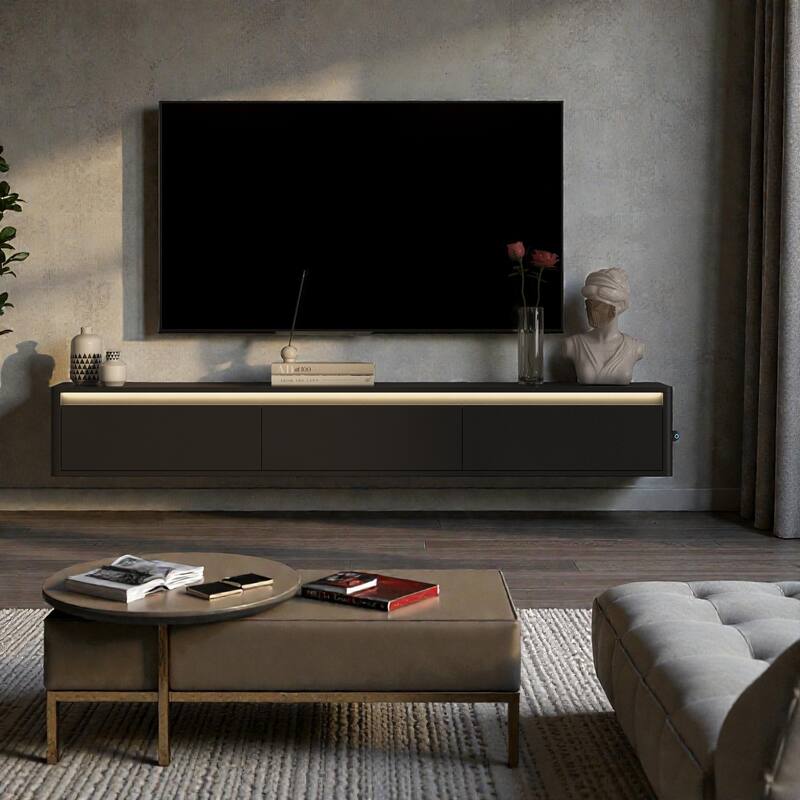 68.9" Floating TV Stand with LED Lights and Power Outlet, Wall Mounted High Gloss Media Console Shelf for Living Room