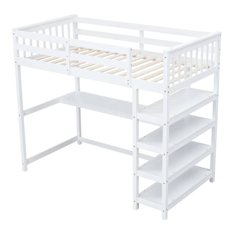 Twin Size Loft Bed with Storage Shelves and Under-bed Desk in White