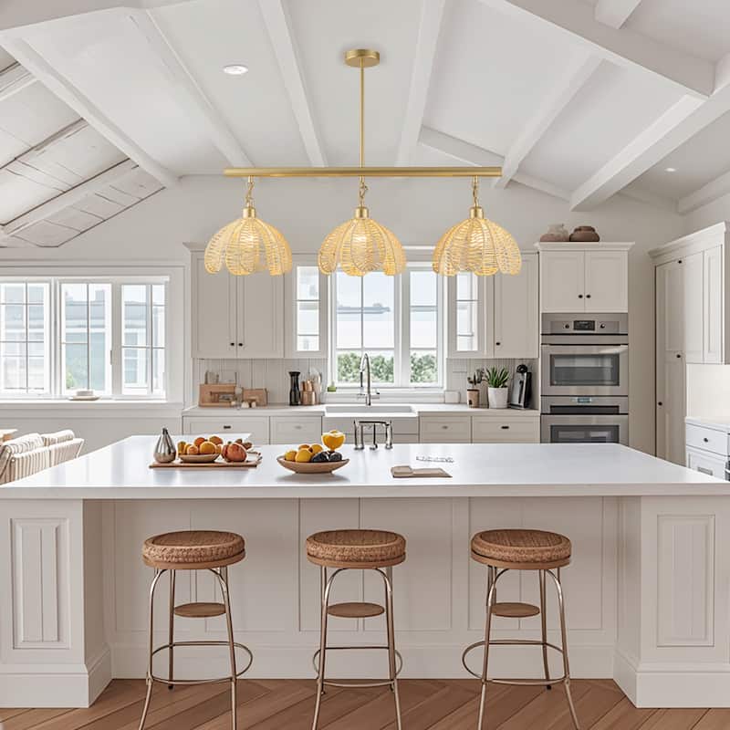 Cali 3-Light Wicker Flower Linear Pendant, Coastal Boho - Handwoven - 36" Wide