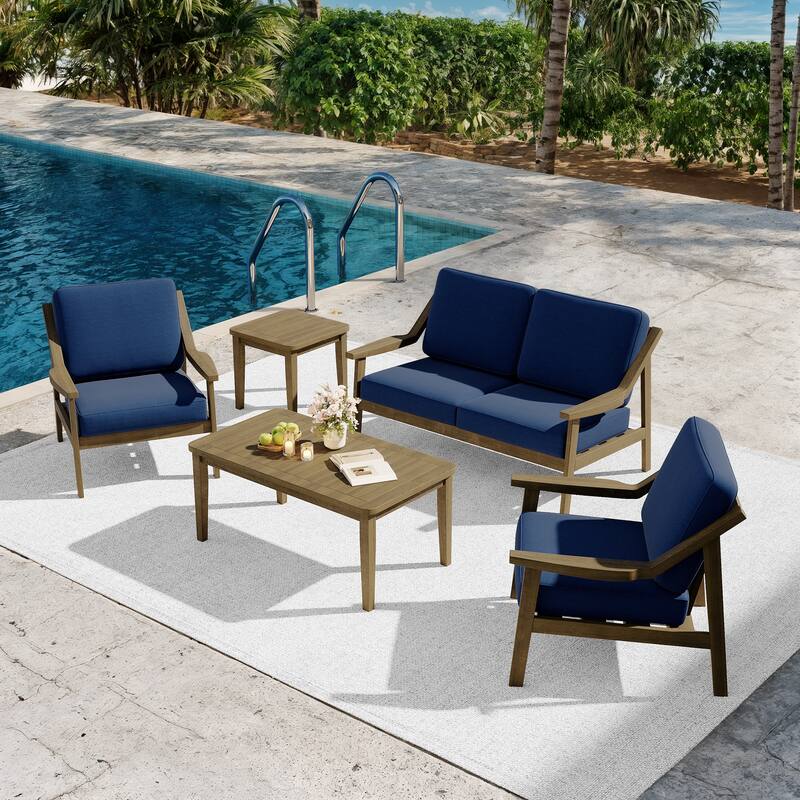 5-piece Adirondack Patio Teak Lounge Chairs Loveseat Conversation Set - NaturalFrame-Navy