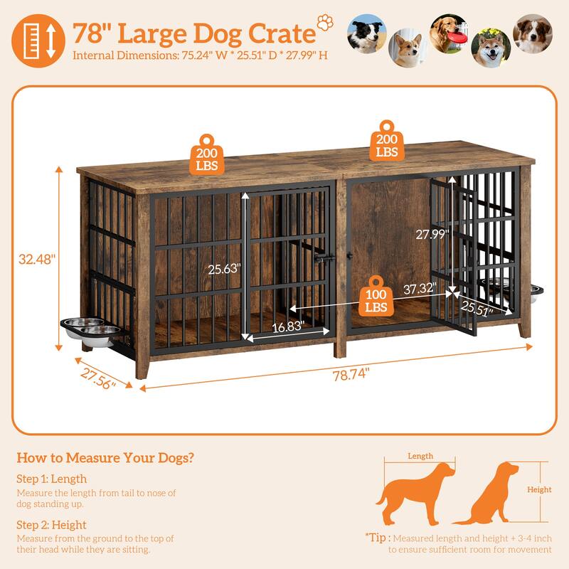 Large Dog Crate Furniture, 78"L Wooden Dog Crate Kennel with Removable Divider