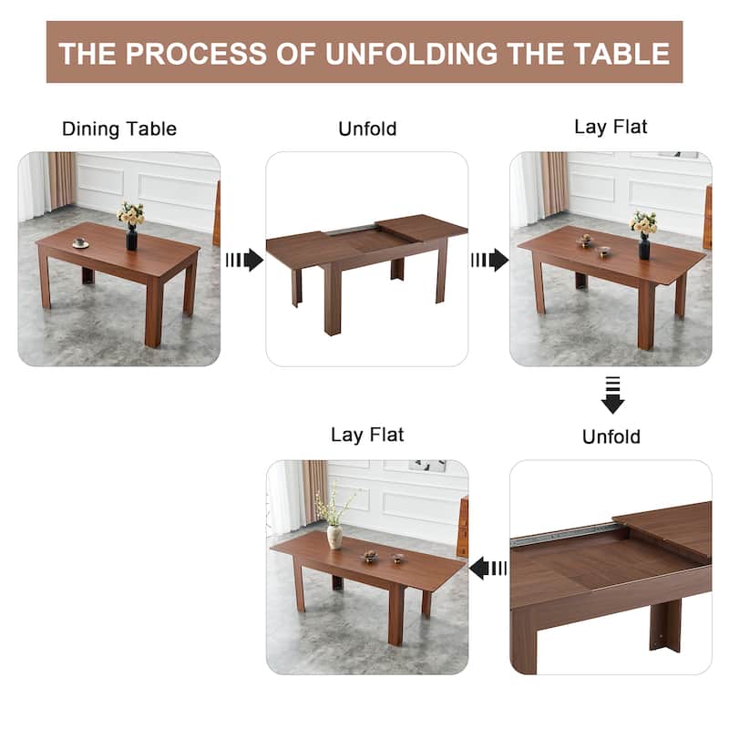 Modern Expandable Walnut Dining Table with Double Drop Leaves Space Saving Rectangular Kitchen Table for Small or Large Spaces