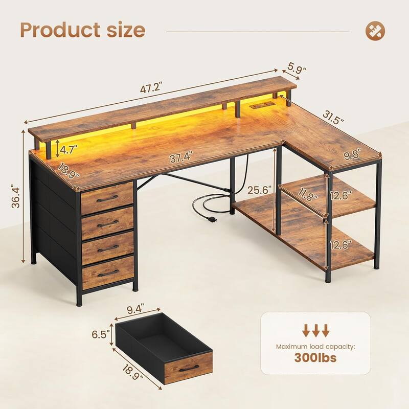 L Shaped Desk with 4 Drawers and Storage Shelves Gaming Desk
