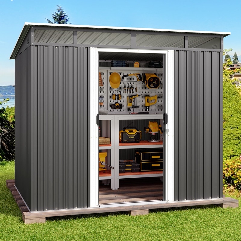 8' x 6' Outdoor Metal Storage Shed with Sliding Door, Multi-Functional Garden Shed with Glass Window and Anchor Bolts