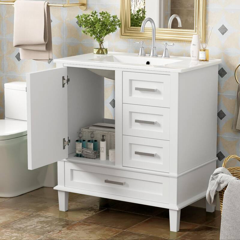 Anmytek 30 Inch White Modern Bathroom Vanity Sink Combo Solid Wood Frame Soft Close Door 3 Drawers Storage Cabinet
