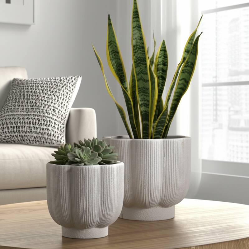 Stoneware Scallop Shaped Planters Decorative Containers (Set of 2) - 8" x 8" x 8"