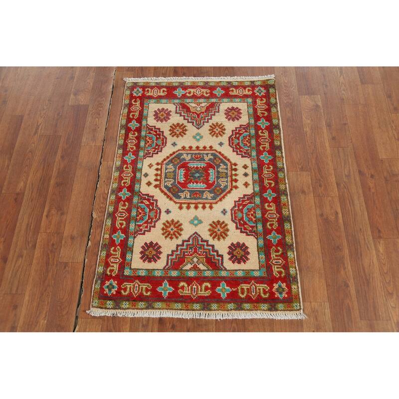 Geometric Kazak Accent Rug Hand-Knotted Beige Wool Carpet - 2'1"x 2'10"