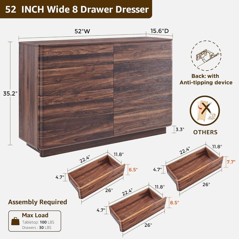Modern 8 Drawer Dresser for Bedroom, Handle-less Wooden Dressers