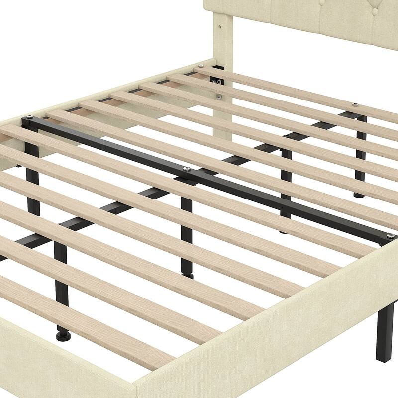 VECELO Tufted Upholstered Linen Bed Platform Bed Frame with Upholstered Headboard, Button Tufted Design