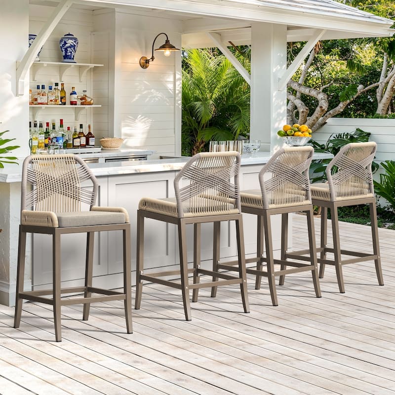 4 Set Modern Aluminum Twill Wicker Woven Outdoor Bar Stool Chair Set, Counter Height Stool with Back and Cushion - 40.6"H - Apricot-Yellowish Slate Grey