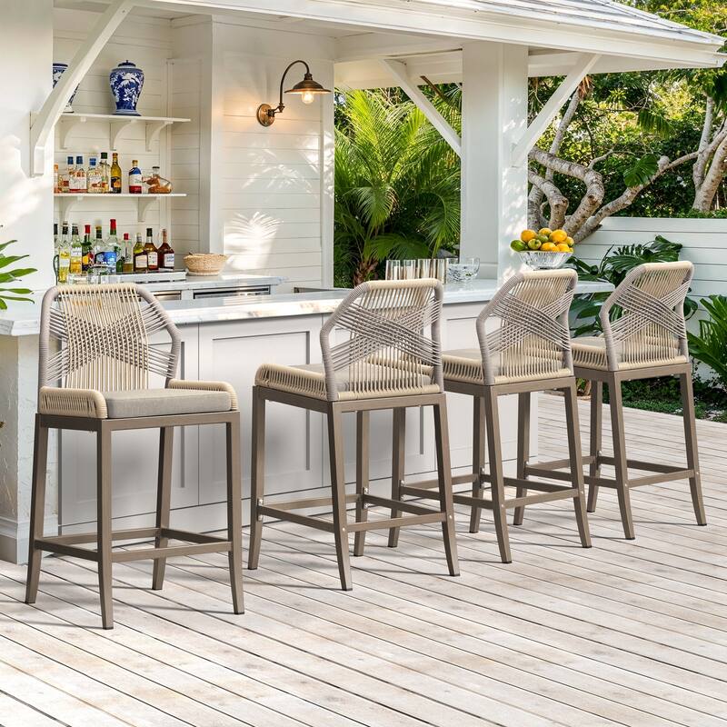 Modern Aluminum Twill Woven Outdoor Bar Stool, Counter Height Chair with Back and Cushion - 40.6"H - Apricot-Yellowish Slate Grey