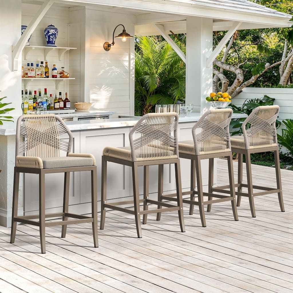 Modern Aluminum Twill Woven Outdoor Bar Stool, Counter Height Chair with Back and Cushion - 40.6"H