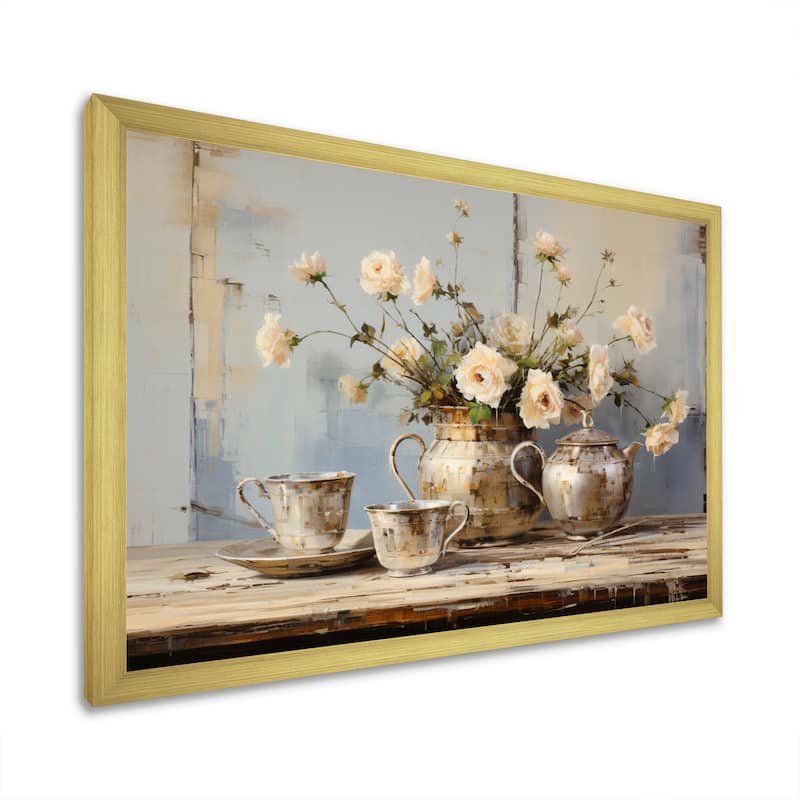 Designart "Food Coffee Tea II" Floral Framed Wall Art Living Room