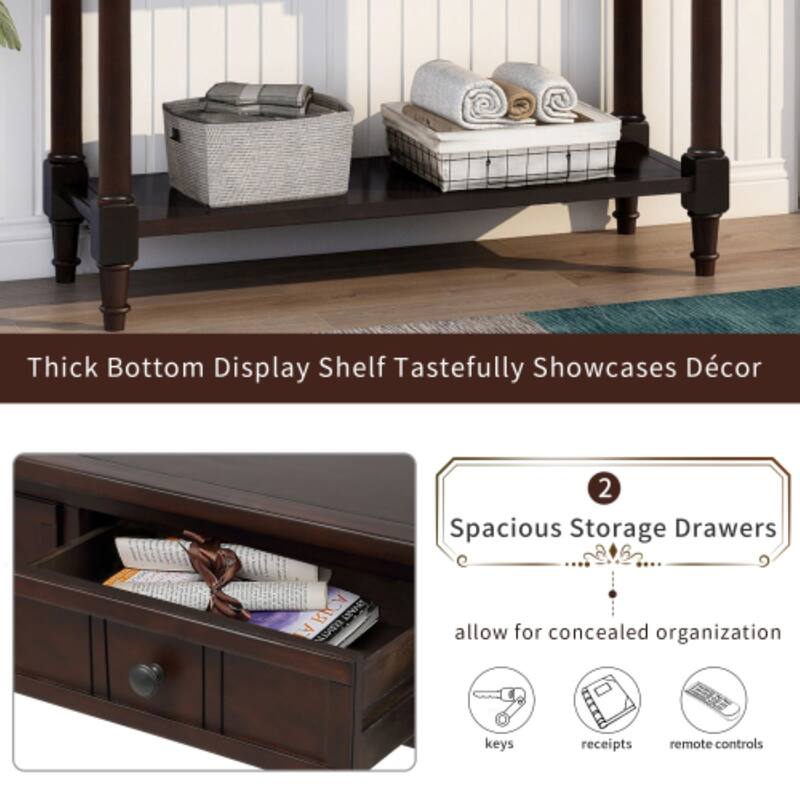 Espresso Wood 2-Drawers Console End Table with Bottom Shelf