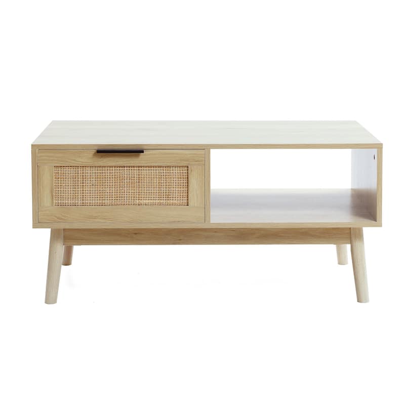 White Oak Finish Wood and Rattan Coffee Table - 17.13" H x 35.43" W x 21.69" D