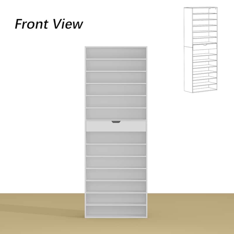 Tall White Shoe Cabinet with Adjustable Shelves, 14-Tier Narrow Shoe Rack Organizer with Drawer, Entryway